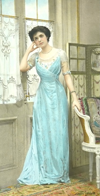 Mathieu Deroche (French fl.1866-1904), 'Full length portrait of a lady in an interior'